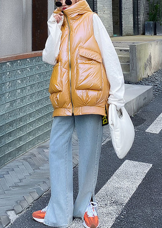 Organic Yellow Hooded Zippered Low High Design Winter Sleeveless Puffer Vest