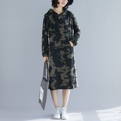 Organic Army Green Print Cotton Quilting Dresses Korea Work Outfits Hooded a Line Spring Dresses