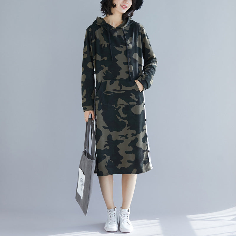Organic Army Green Print Cotton Quilting Dresses Korea Work Outfits Hooded a Line Spring Dresses