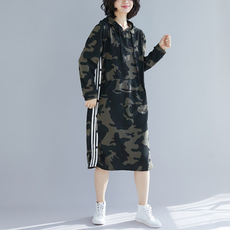 Organic Army Green Print Cotton Quilting Dresses Korea Work Outfits Hooded a Line Spring Dresses