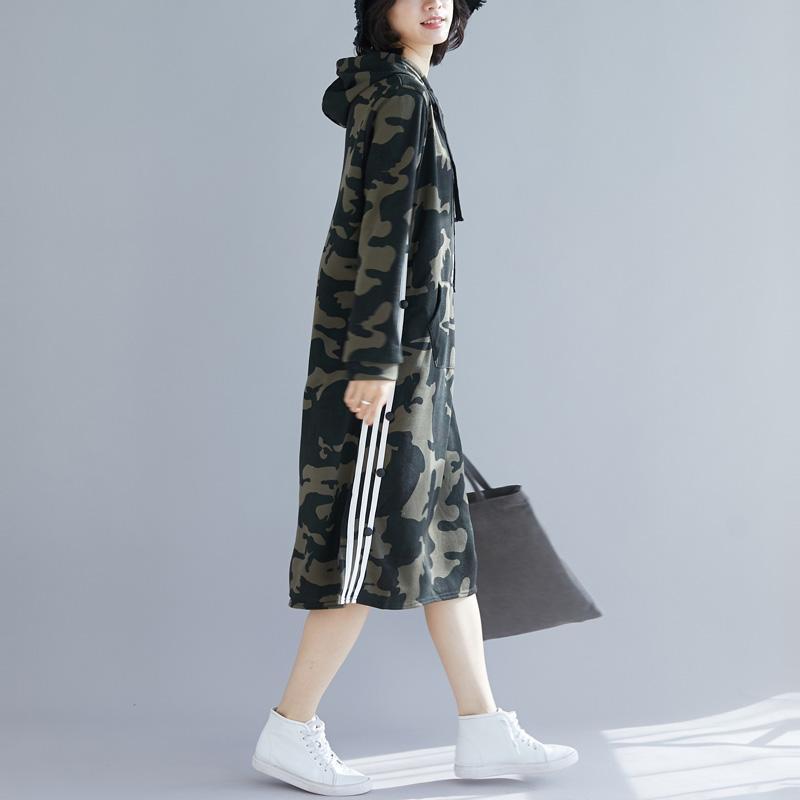 Organic Army Green Print Cotton Quilting Dresses Korea Work Outfits Hooded a Line Spring Dresses