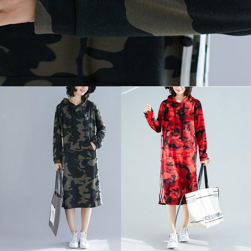 Organic Army Green Print Cotton Quilting Dresses Korea Work Outfits Hooded a Line Spring Dresses