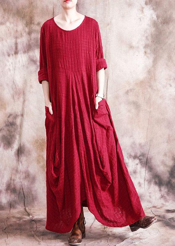 Organic Asymmetric Linen Clothes for Fabrics Red Dress Fall