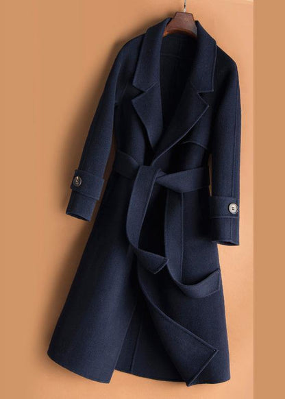 Organic Beige Crane Woolen Coats Work Notched Tie Waist Woolen Coats