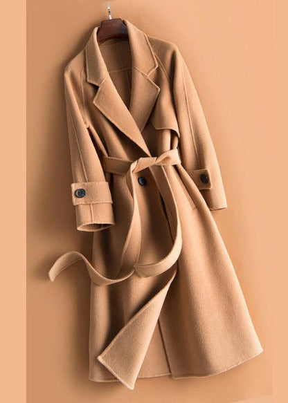 Organic Beige Crane Woolen Coats Work Notched Tie Waist Woolen Coats