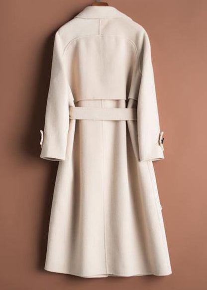 Organic Beige Crane Woolen Coats Work Notched Tie Waist Woolen Coats