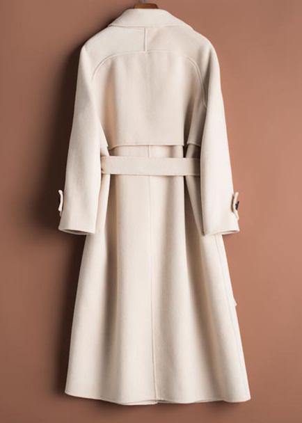 Organic Beige Crane Woolen Coats Work Notched Tie Waist Woolen Coats