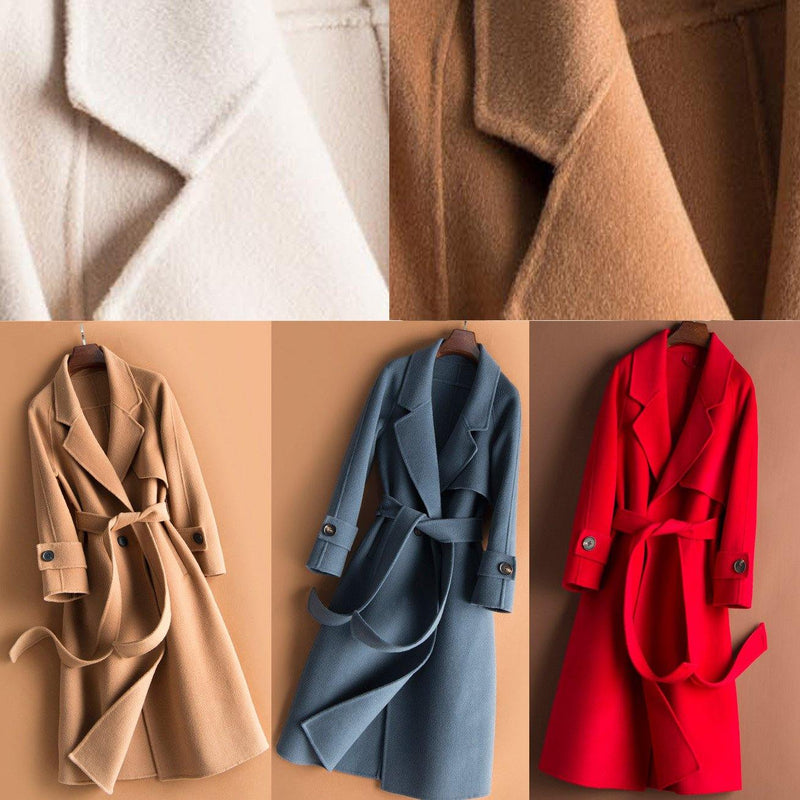 Organic Beige Crane Woolen Coats Work Notched Tie Waist Woolen Coats