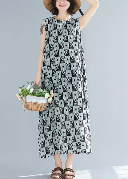 Organic Black Geometric Cotton O Neck Sleeveless Long Summer Dresses