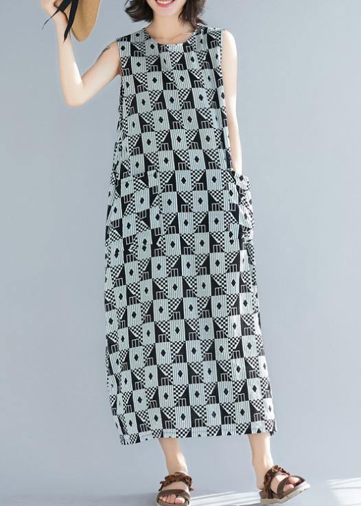 Organic Black Geometric Cotton O Neck Sleeveless Long Summer Dresses