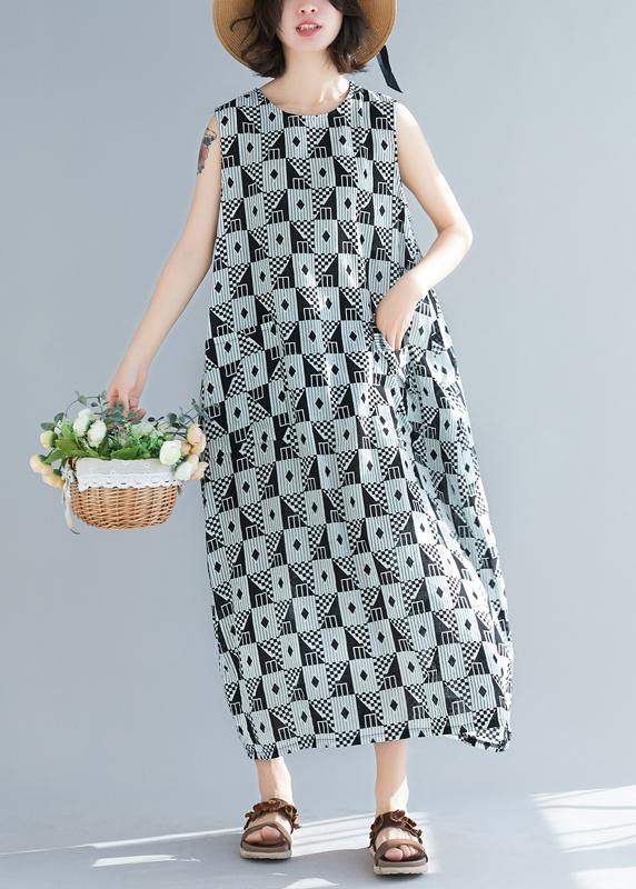 Organic Black Geometric Cotton O Neck Sleeveless Long Summer Dresses