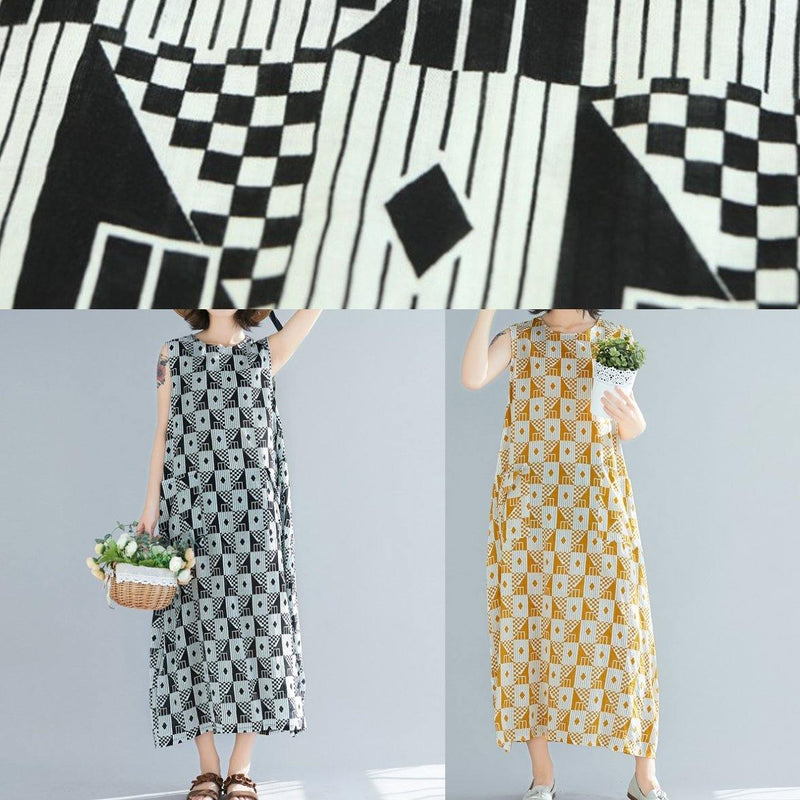 Organic Black Geometric Cotton O Neck Sleeveless Long Summer Dresses