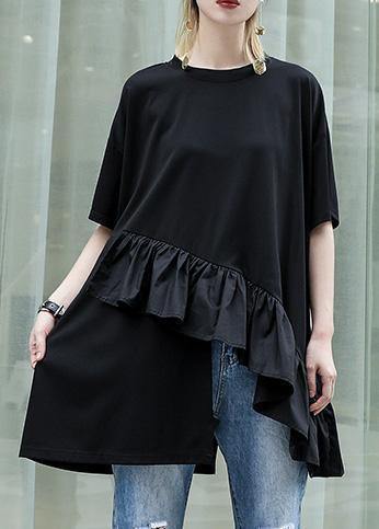 Organic Black Cotton Blouse Rrffles Hem Oversized Summer Tops