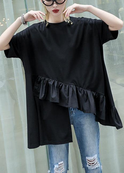 Organic Black Cotton Blouse Rrffles Hem Oversized Summer Tops