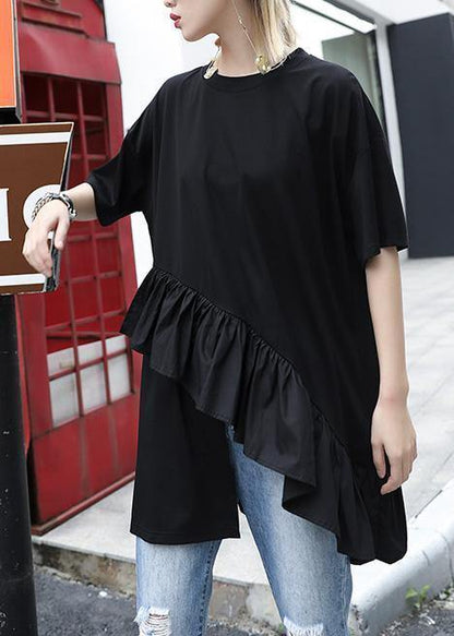 Organic Black Cotton Blouse Rrffles Hem Oversized Summer Tops