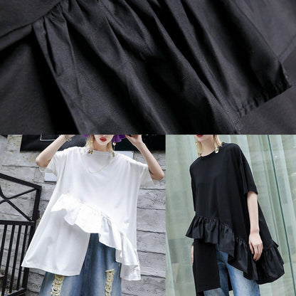 Organic Black Cotton Blouse Rrffles Hem Oversized Summer Tops