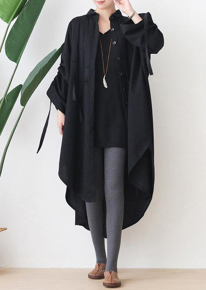 Organic Black Cotton Tunics Lapel Low High Design Kaftan Dresses