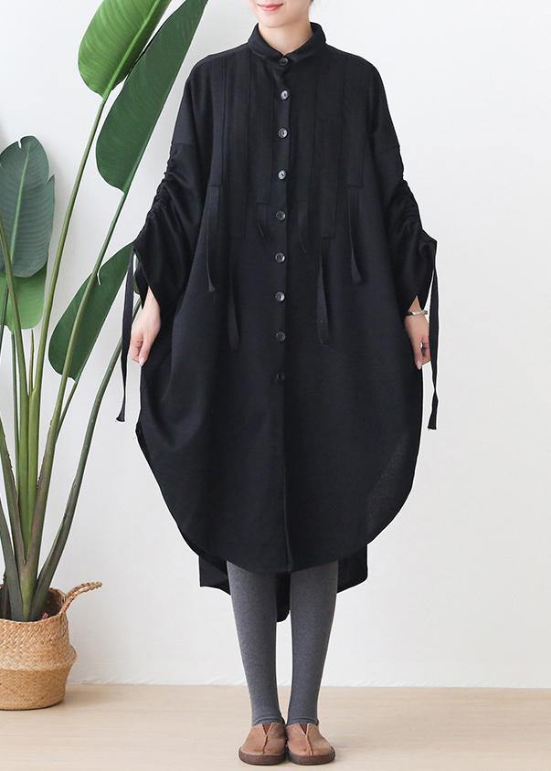 Organic Black Cotton Tunics Lapel Low High Design Kaftan Dresses