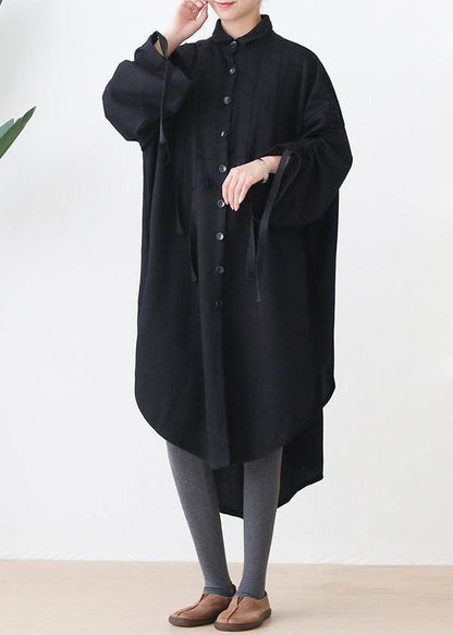 Organic Black Cotton Tunics Lapel Low High Design Kaftan Dresses