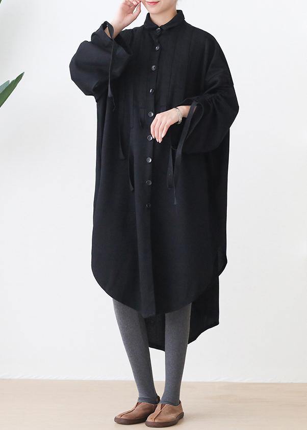 Organic Black Cotton Tunics Lapel Low High Design Kaftan Dresses