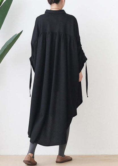 Organic Black Cotton Tunics Lapel Low High Design Kaftan Dresses
