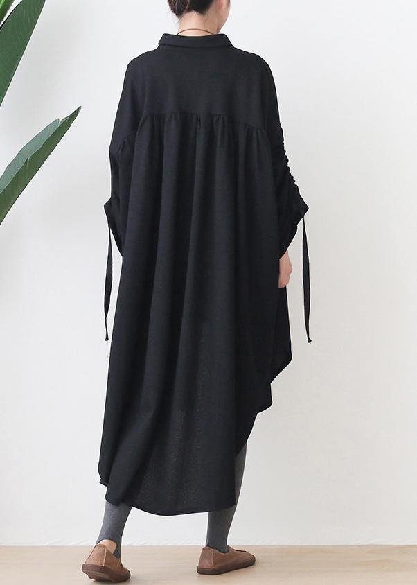 Organic Black Cotton Tunics Lapel Low High Design Kaftan Dresses