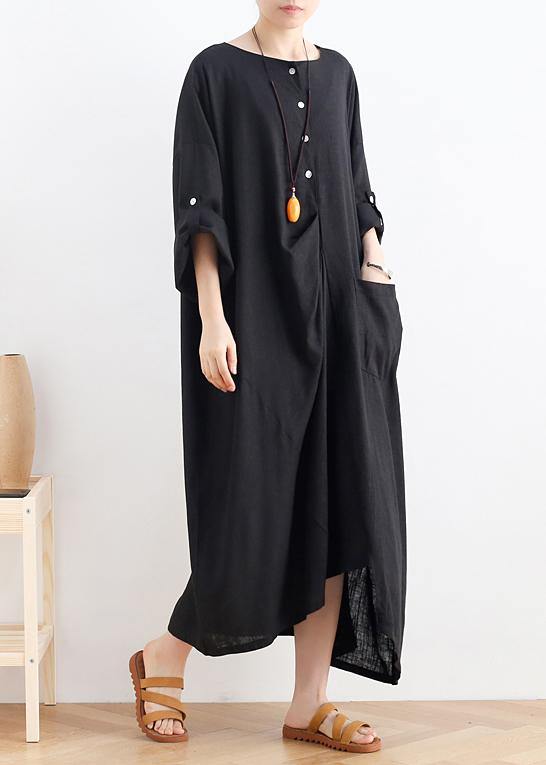 Organic Black Cotton Dresses O Neck Asymmetric Maxi Summer Dresses
