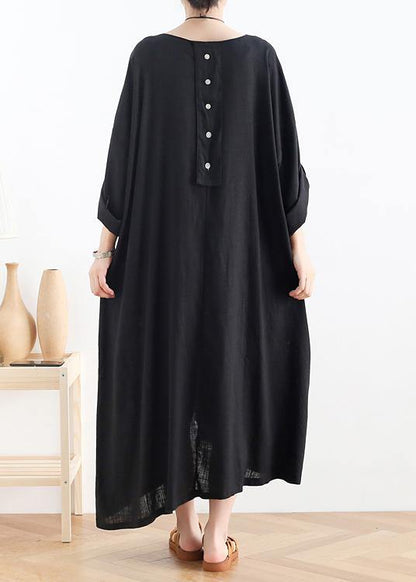 Organic Black Cotton Dresses O Neck Asymmetric Maxi Summer Dresses