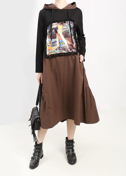 Organic Black Cotton Outfit Hooded Patchwork Dress
