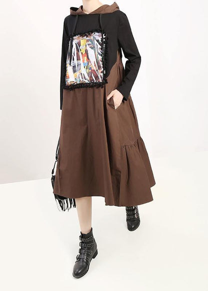 Organic Black Cotton Outfit Hooded Patchwork Dress