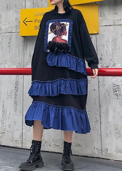 Organic Black Cotton Pattern Ruffles Patchwork Kaftan Dress