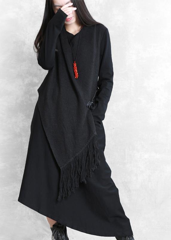 Organic Black Cotton Quilting Clothes False Two Pieces a Line Asymmetric Dresses