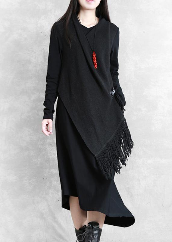 Organic Black Cotton Quilting Clothes False Two Pieces a Line Asymmetric Dresses
