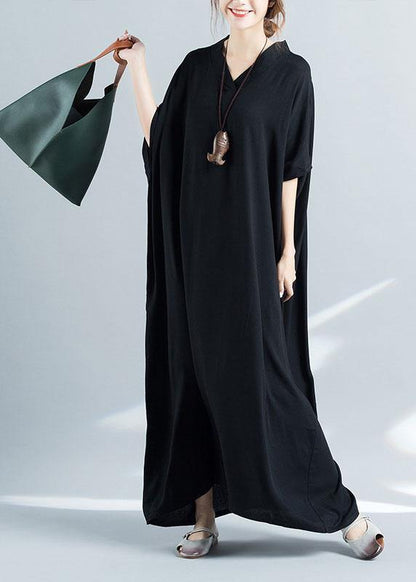 Organic Black Cotton Quilting Dresses V Neck Baggy Long Summer Dresses