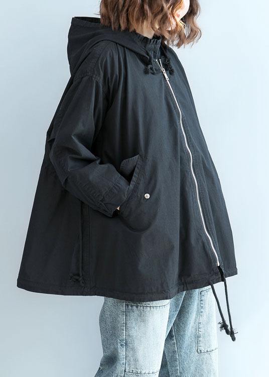 Organic Black Hooded Fine Clothes Sleeve Zippered Fall Short Coats