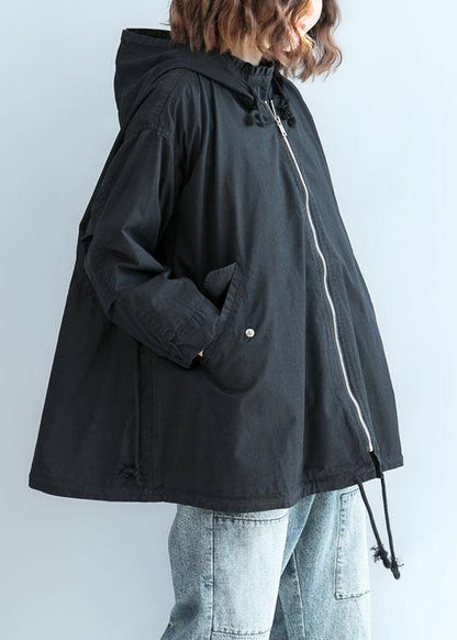 Organic Black Hooded Fine Clothes Sleeve Zippered Fall Short Coats