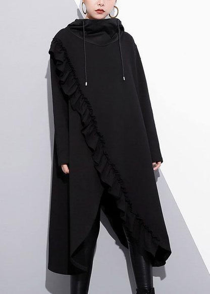 Organic Black Hooded Cotton Clothes Ruffles Long Fall Dress