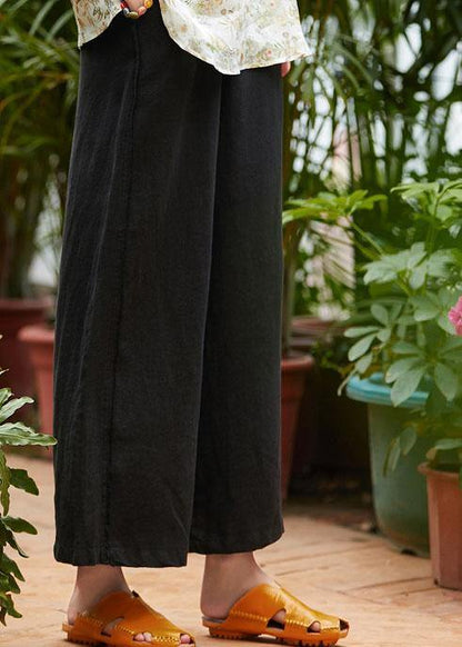 Organic Black Linen Clothes for Pockets Long Elastic Waist Wide Leg Pants