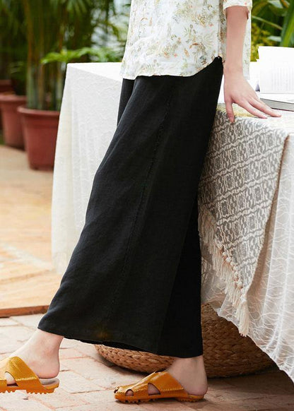 Organic Black Linen Clothes for Pockets Long Elastic Waist Wide Leg Pants