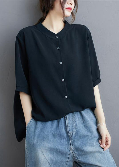Organic Black Linen Tunic Top Stand Collar Summer Blouse