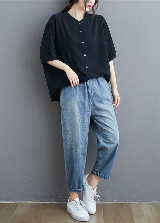 Organic Black Linen Tunic Top Stand Collar Summer Blouse