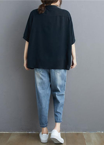 Organic Black Linen Tunic Top Stand Collar Summer Blouse