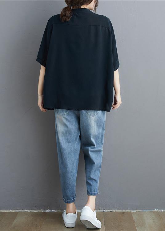 Organic Black Linen Tunic Top Stand Collar Summer Blouse
