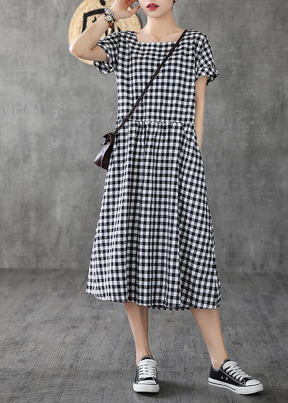 Organic Black Plaid Linen Cotton Quilting Clothes Square Collar Patchwork Cotton Summer Dress