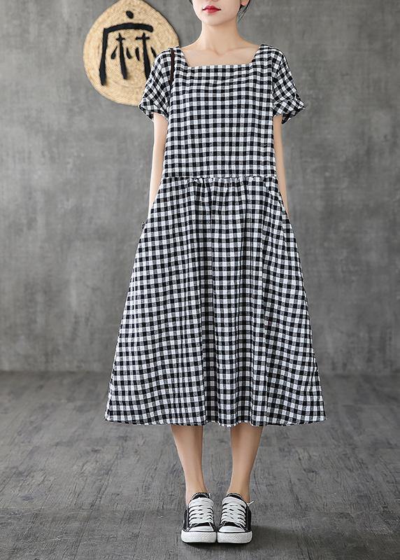 Organic Black Plaid Linen Cotton Quilting Clothes Square Collar Patchwork Cotton Summer Dress