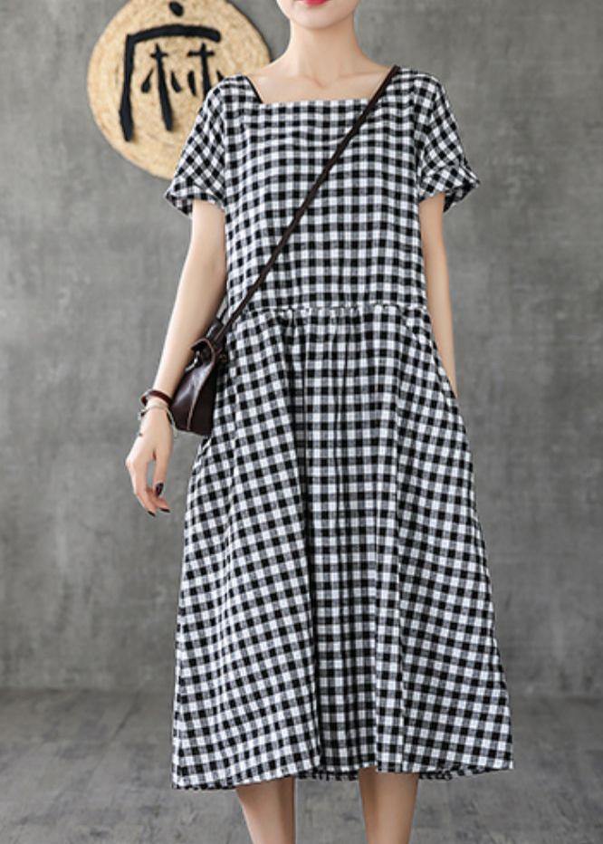 Organic Black Plaid Linen Cotton Quilting Clothes Square Collar Patchwork Cotton Summer Dress
