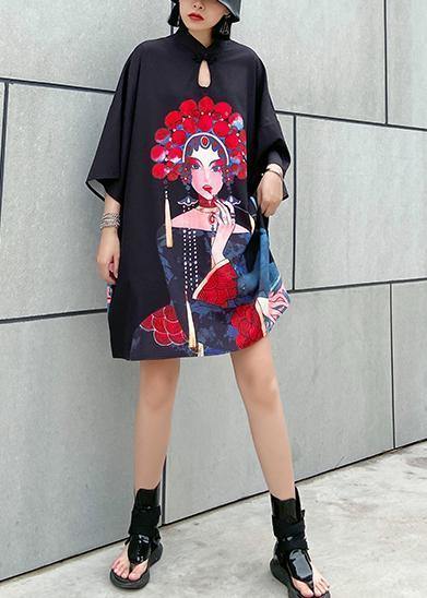 Organic Black Print Cotton Clothes Stand Collar a Line Summer Dress