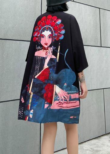 Organic Black Print Cotton Clothes Stand Collar a Line Summer Dress