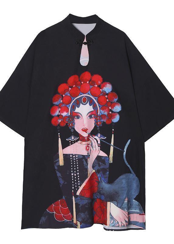 Organic Black Print Cotton Clothes Stand Collar a Line Summer Dress