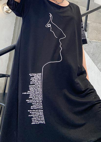 Organic Black Print Cotton O Neck Asymmetric Oversized Summer Dresses